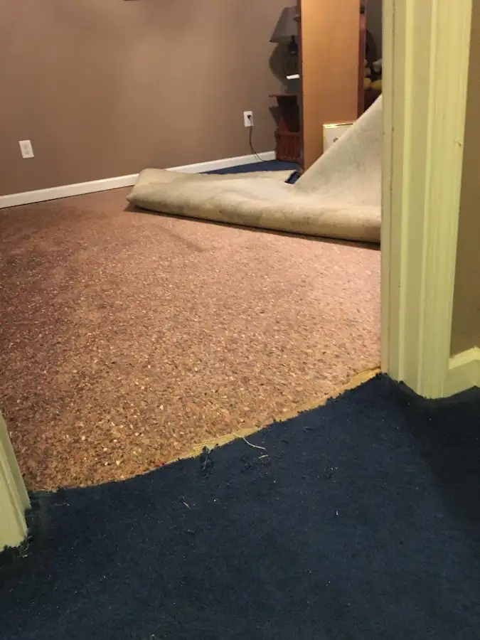Carpet pad removal revealing water damage during Water Mitigation Services in Horseheads